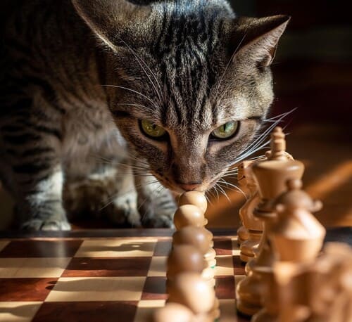 Un chat fait une partie d'echec